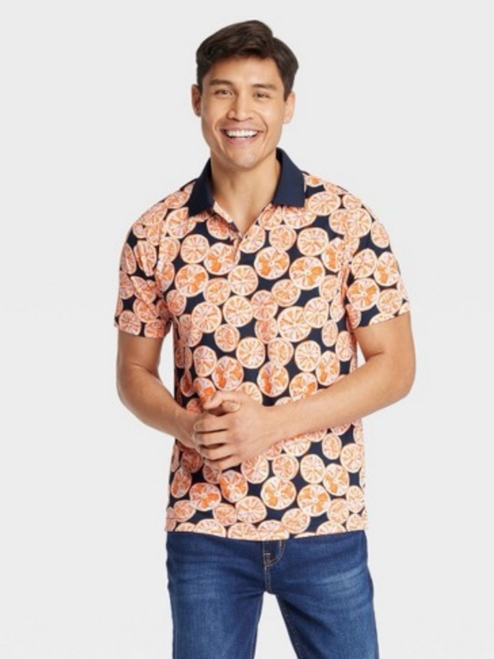 Goodfellow Men’s performance golf polo shirt navy citrus orange slice print XL